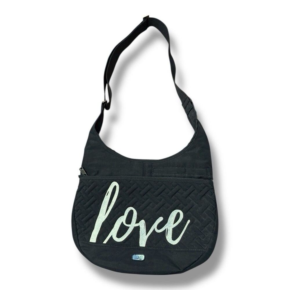 Lug Canopy LOVE Black Nylon Crossbody Hobo Bag Adjustable Strap RFID Purse